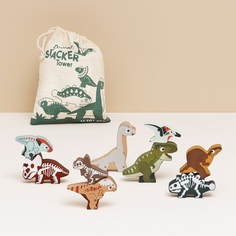 Petilou Wooden Jurassic Dinosaur Stacking Toys with Storage Bag - Educational Montessori Toys for Toddlers & Kids - Perfect for Birthday Gifts, Preschool Learning, and Imaginative Play