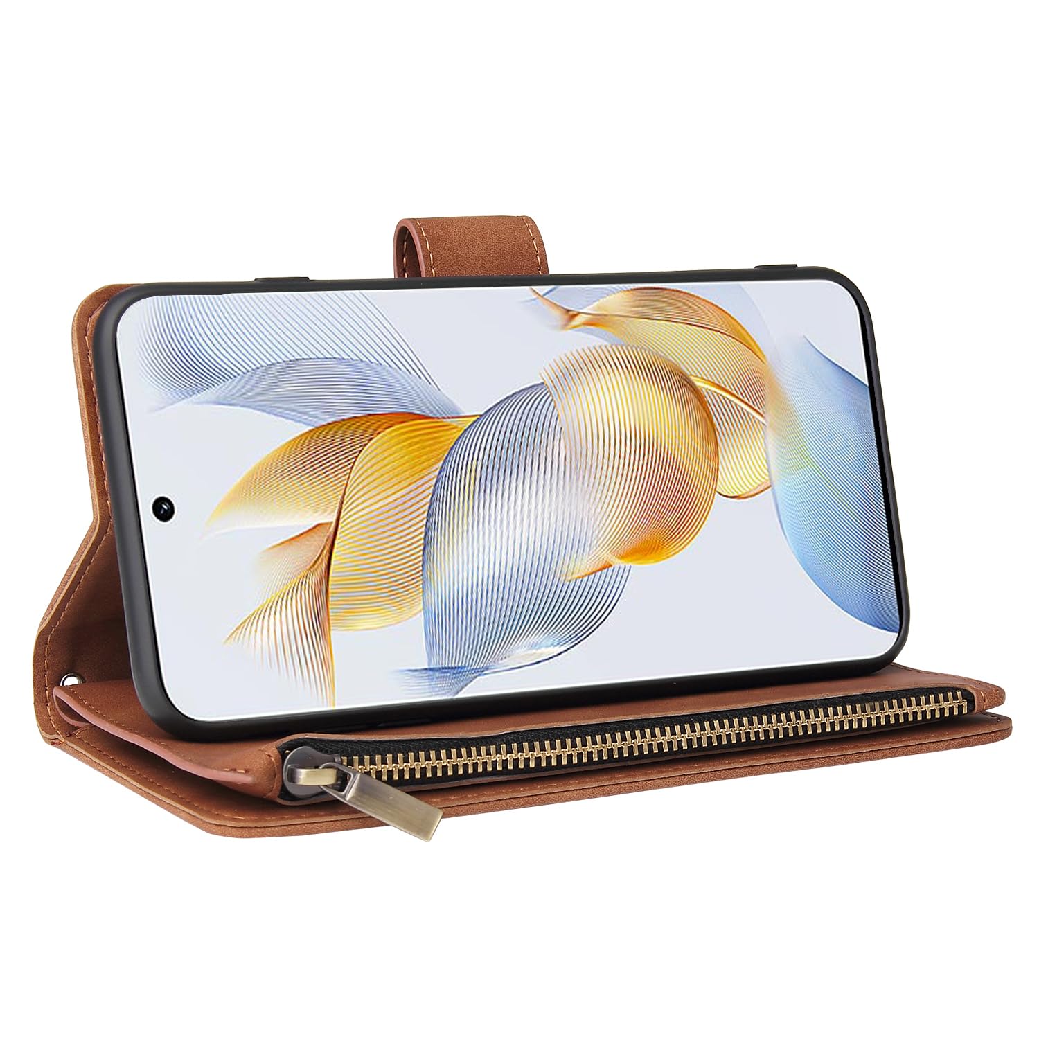 ASUWISH Huawei Honor 90 Wallet Case with Tempered Glass Screen Protector - Leather Flip Cover with Card Holder & Stand | Protective Phone Case for Men & Women (Brown) | Perfect for Daily Use, Travel & Business Meetings