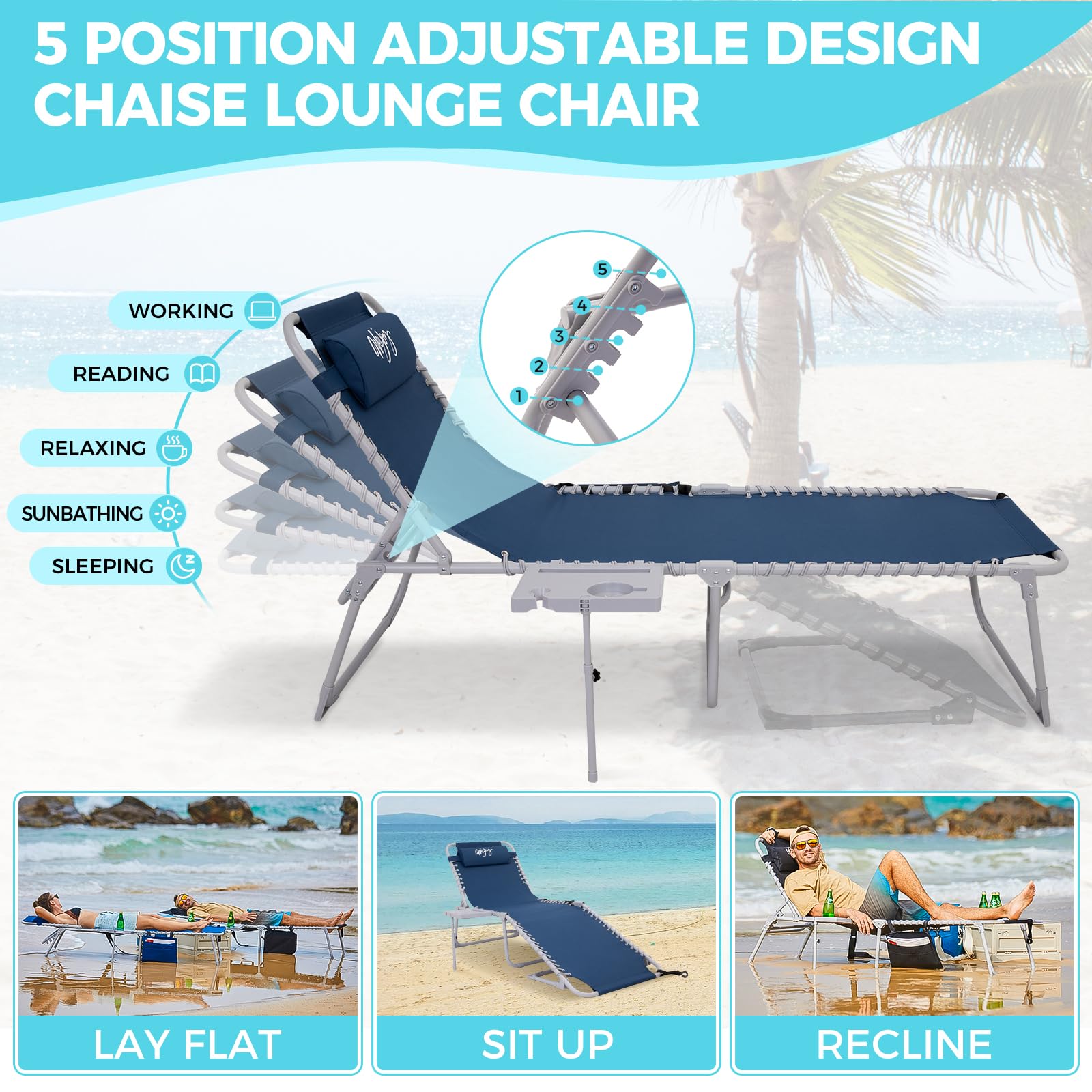 WEJOY 5-Position Adjustable Folding Chaise Lounge Chair with Side Table & Pillow - Heavy Duty Outdoor Recliner for Patio, Beach, Poolside - Includes Side Pocket & Shoulder Strap for Sunbathing, Relaxing, Camping, Backyard Lounging