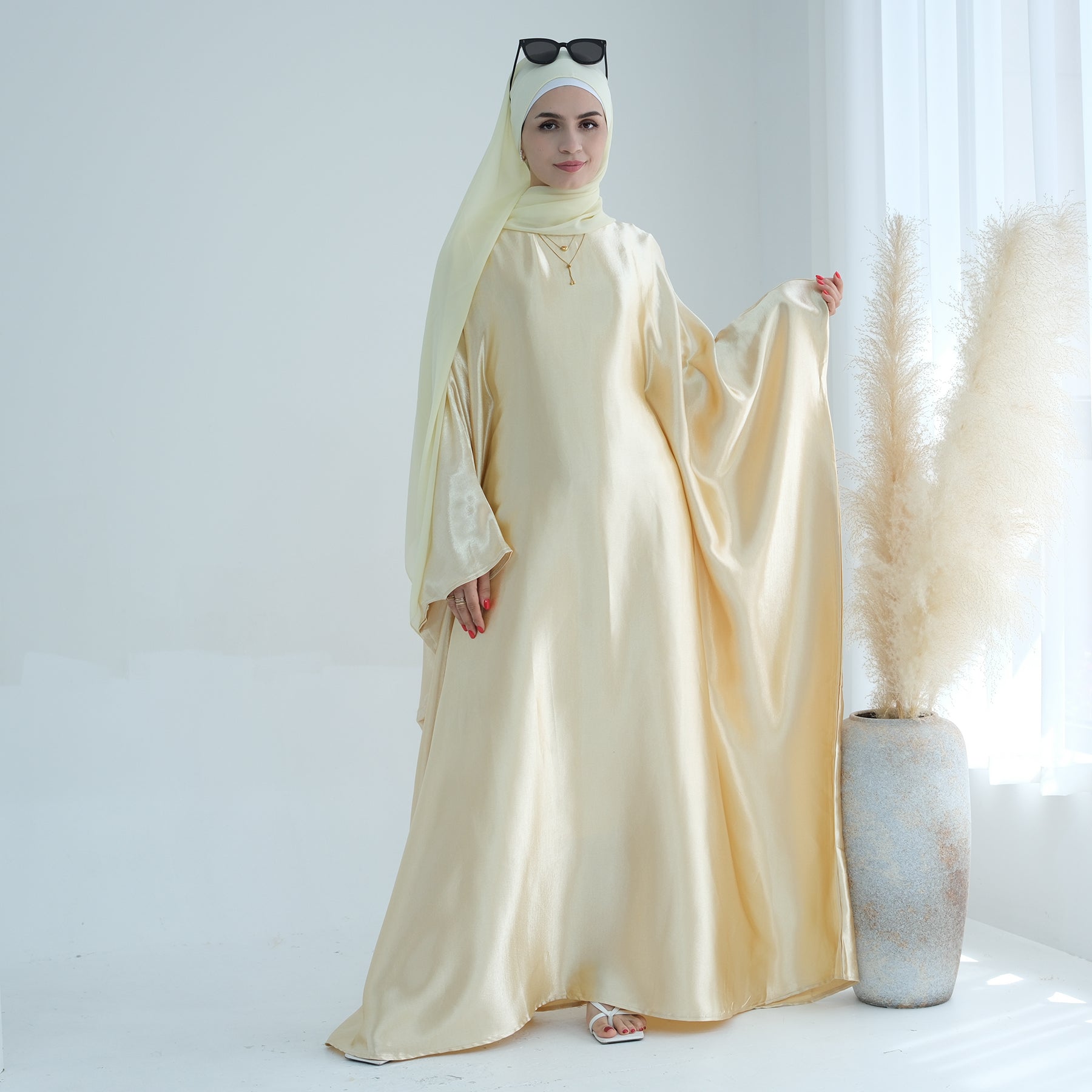 Elegant Alisha Butterfly Satin Abaya Dress - Yellow Gold Islamic Prayer Gown for Women | Perfect for Eid, Ramadan, Wedding & Special Occasions