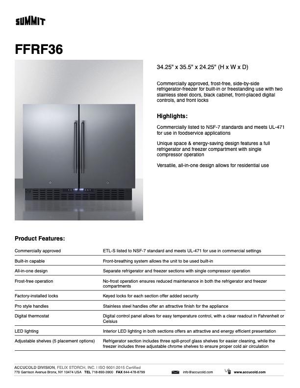 SUMMIT 36 Inch Built-In Side by Side Refrigerator Freezer with Stainless Steel Finish (Model FFRF36) - Perfect for Modern Kitchens, Restaurants, and Commercial Spaces
