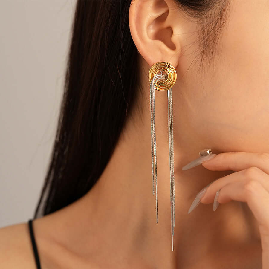 Vintage 2-Tone Metallic Spiral Tassel Long Chain Earrings for Women | HE22452 | Boho Chic Jewelry for Parties, Weddings & Date Nights