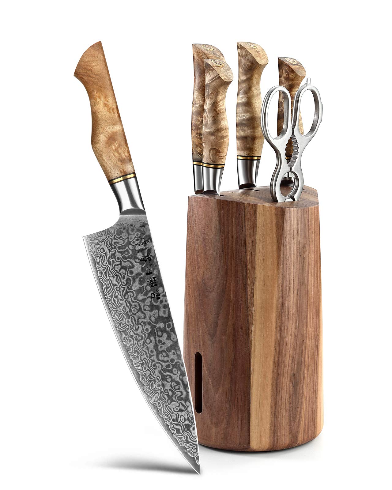 HEZHEN 7-Piece Professional Damascus Steel Kitchen Knife Set - High Carbon Steel Chef Knife, Santoku, Bread Knife, Utility Knife, Fruit Knife with Multifunctional Scissors & Walnut Block - Perfect for Home Cooking, Professional Chefs, and Gift Giving
