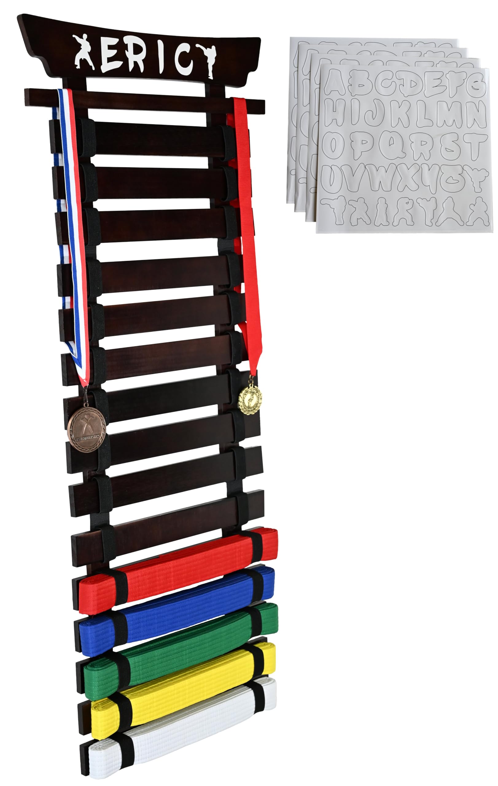 Premium 12 or 15 Slot Taekwondo Belt Display Rack - Natural Pine Wood with Walnut Finish - Includes Free Belt Stickers - Perfect for Dojo, Martial Arts School & Home Decor