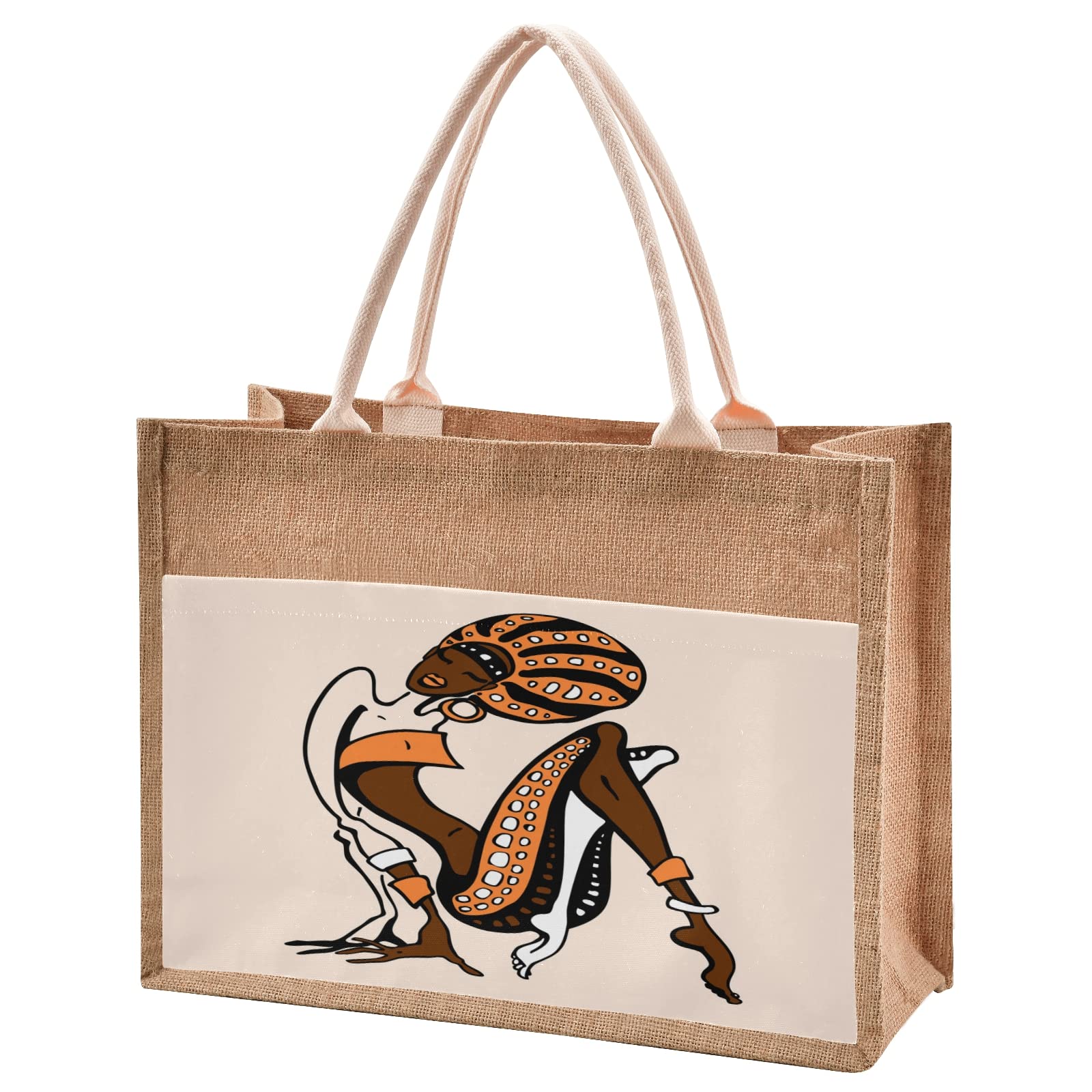 African Jute Tote Bag with Canvas Pocket - Eco-Friendly Beach & Shopping Bag