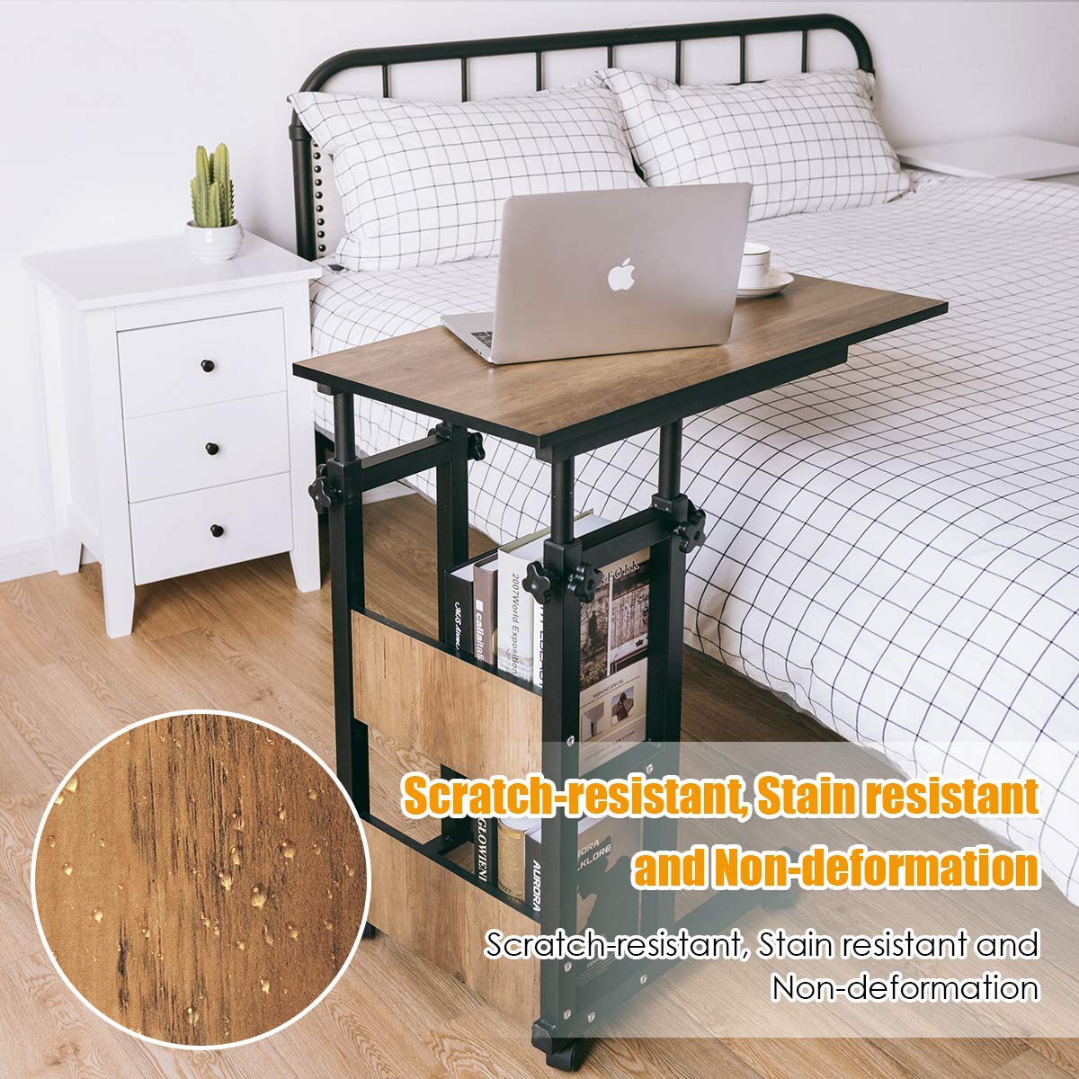 Tangkula Rolling Height Adjustable C-Shaped End Table - Mobile Sofa Side Table with Storage Shelves, Wood Look Accent Furniture for Living Room, Bedroom - Perfect for Coffee, Laptop, Tablet & Snacks While Relaxing on Couch or Bed