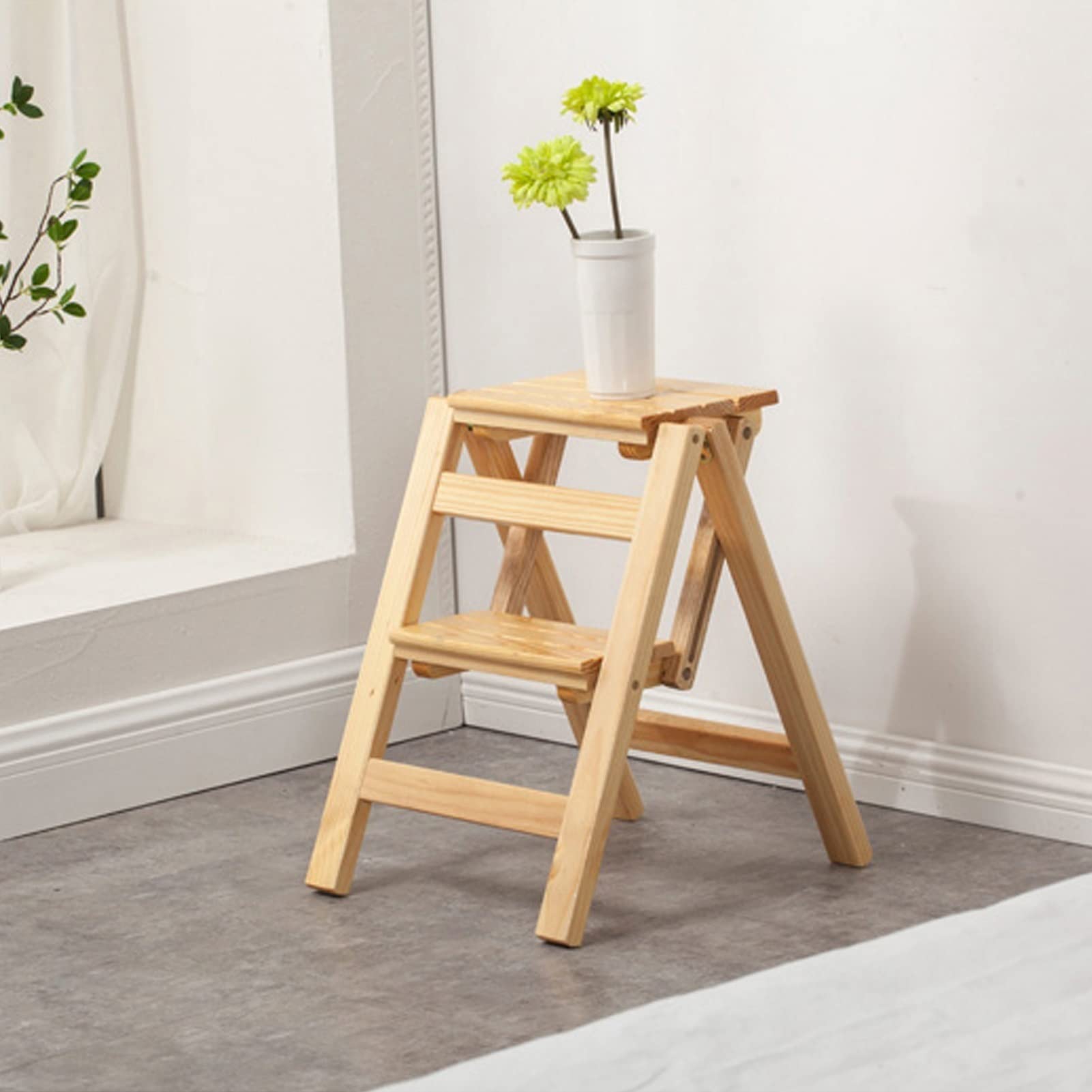 2-Step Wooden Folding Step Stool - Non-Slip Compact Ladder Chair for Indoor Use, Perfect for Kitchen, Bathroom, and Bookshelf Access
