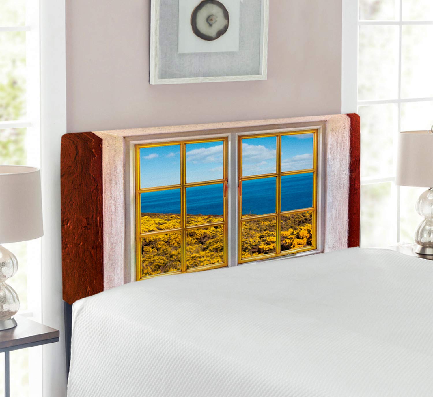 Ambesonne Tropical Beach Scenic Headboard - Upholstered Metal Bed Frame with Memory Foam | Twin Size Cream Blue White | Perfect for Beach-Themed Bedrooms, Vacation Rentals & Coastal Home Decor
