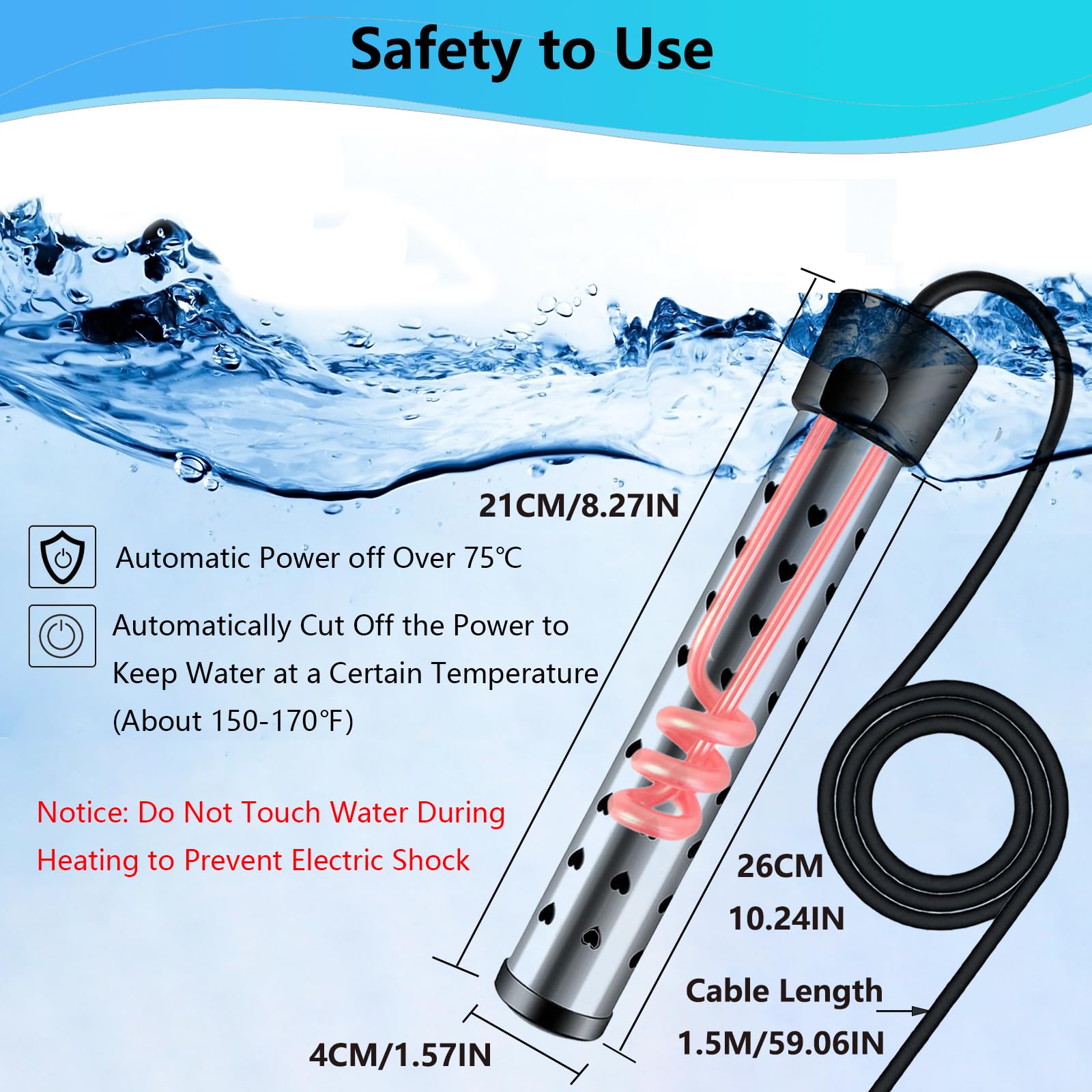1500W Portable Electric Submersible Water Heater for Inflatable Pools & Bathtubs - Thermostatic Control with On/Off Switch - 304 Stainless Steel Guard - Ideal for Above Ground Swimming Pools, Hot Tubs, and Bucket Heating