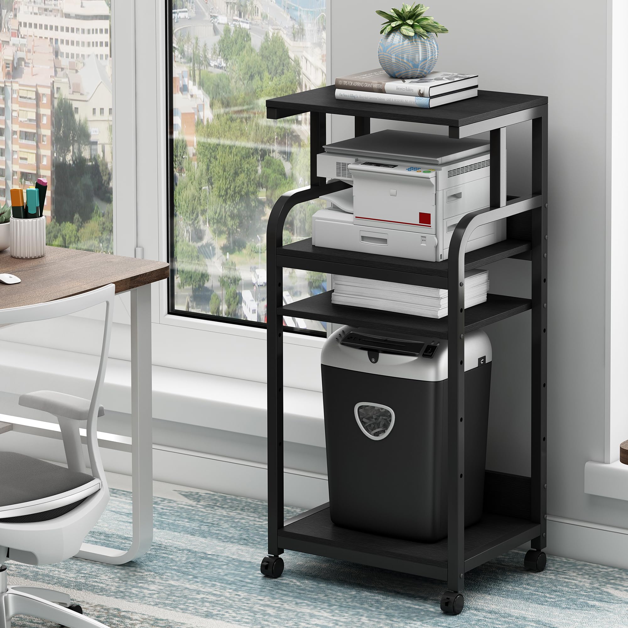 Adjustable 4-Tier Printer Stand with Wheels - Large Tall Rolling Cart for Home Office Storage, Computer Tower, CPU & Shredder Organization (Black) | Perfect for Small Spaces & Workspace Organization
