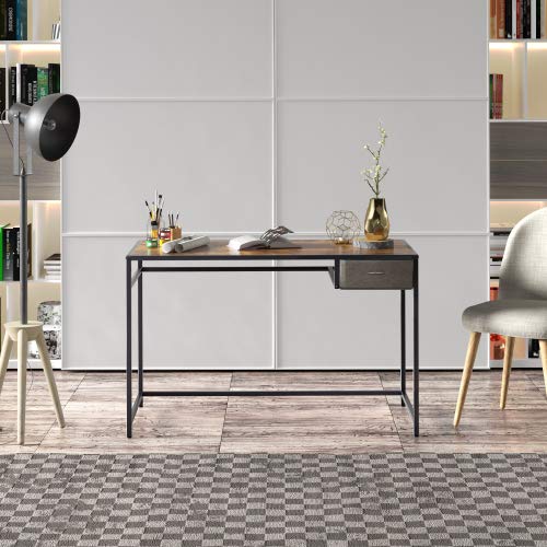 46.5 Inch Home Office Computer Desk with Drawer - Modern Simple Writing Table, Black Metal Frame & Rustic Brown Finish - Perfect for Study, Work, and Small Spaces