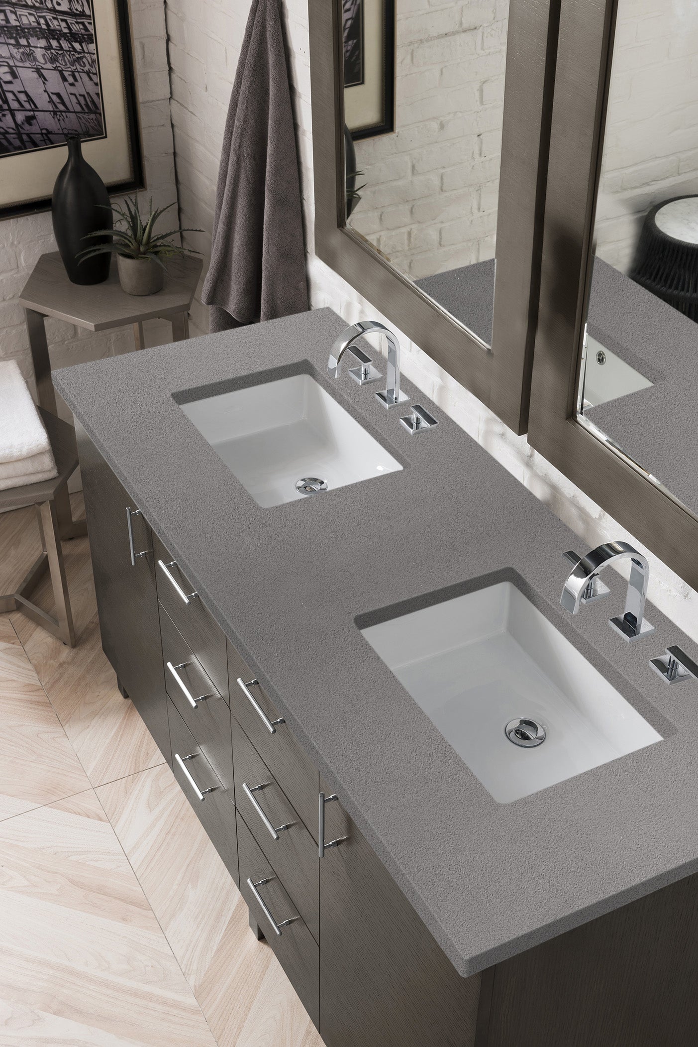 Metropolitan 60 Inch Double Bathroom Vanity in Silver Oak with 3CM Grey Expo Quartz Countertop - Perfect for Master Bathroom or Guest Bath Renovation