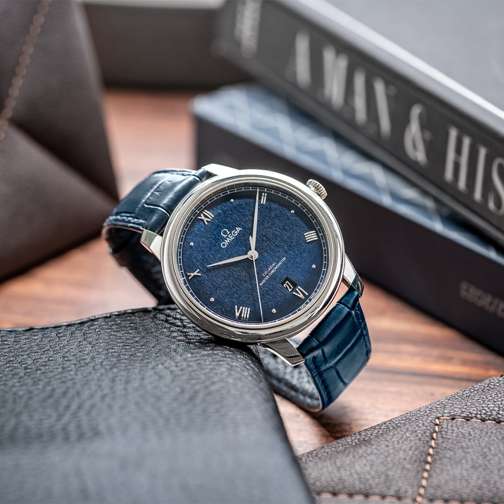 Omega De Ville Prestige Co-Axial Master Chronometer 40mm Men's Watch - Blue Dial with Genuine Leather Strap - Luxury Dress Watch for Business, Formal Occasions & Special Events