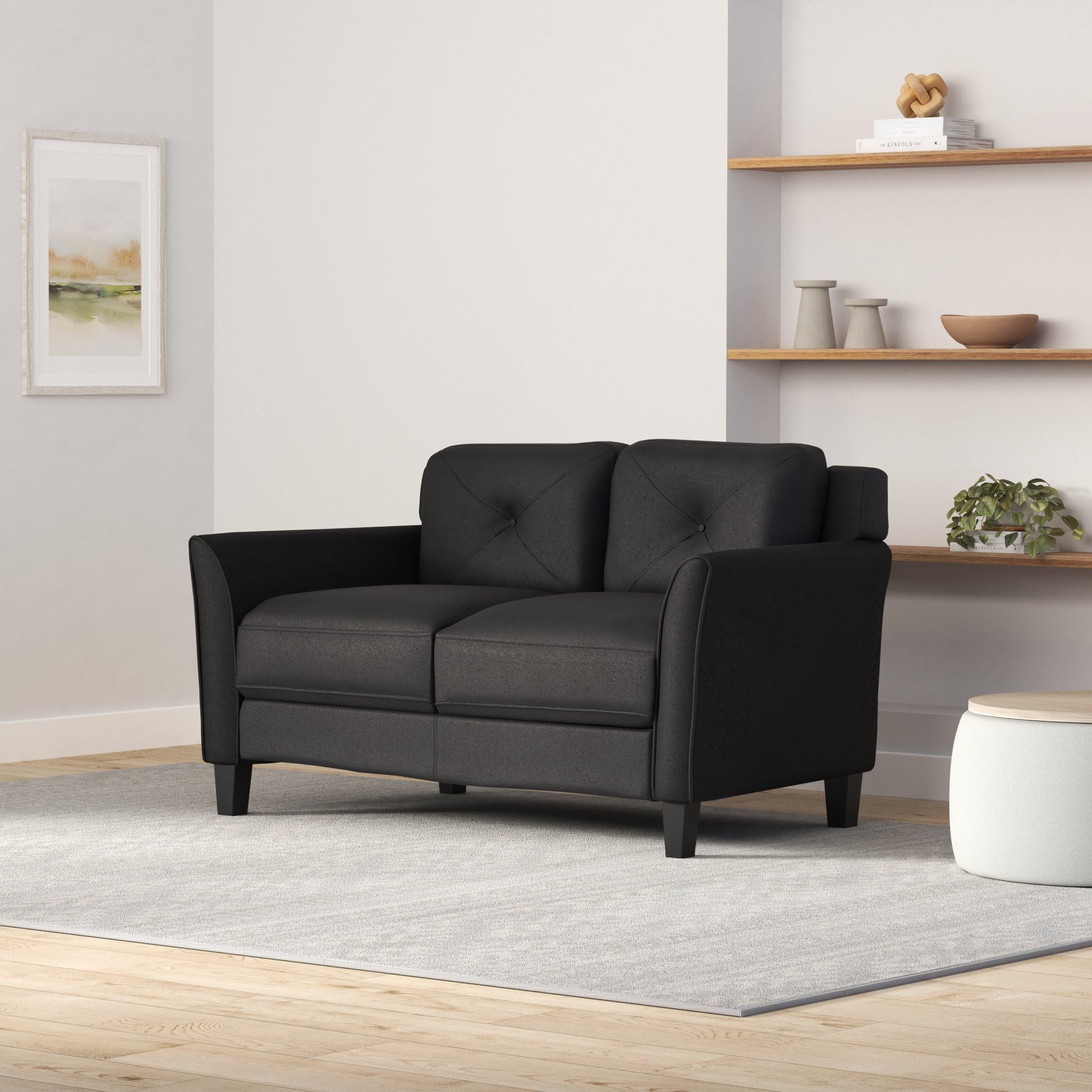 BOWERY HILL Microfiber Loveseat Couch in Black - Soft & Durable Small Sofa for Living Room, Apartment, Office - Perfect for Lounging, Reading & Entertaining Guests