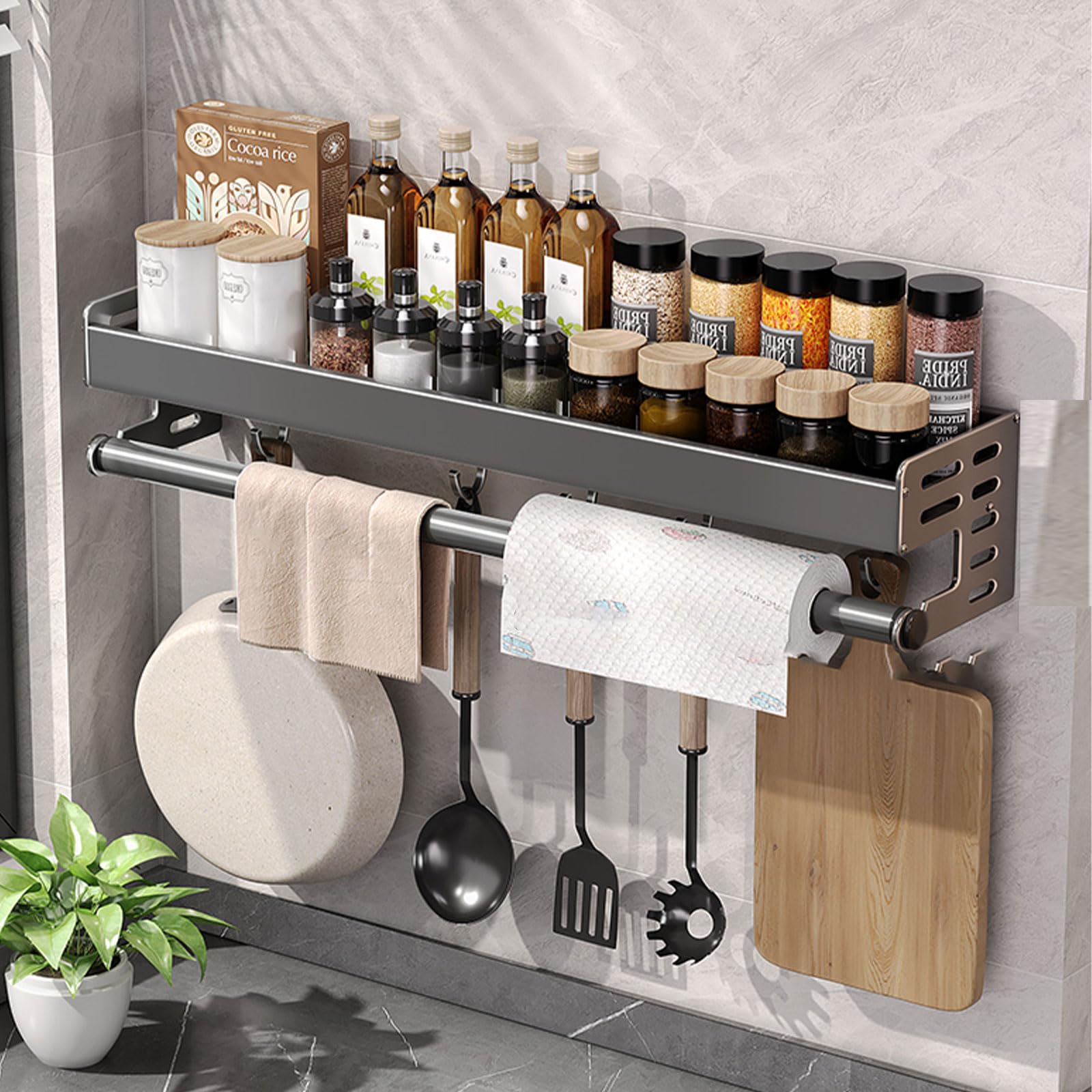 Dxcaicc Wall Mount Utensil Holder - Multifunctional Kitchen Spice Organizer Shelf with Hooks for Spatula, Spoon, Knife & Seasoning Jars (60cm/23.6in) - Perfect for Small Kitchen Organization & Space Saving Storage Solution