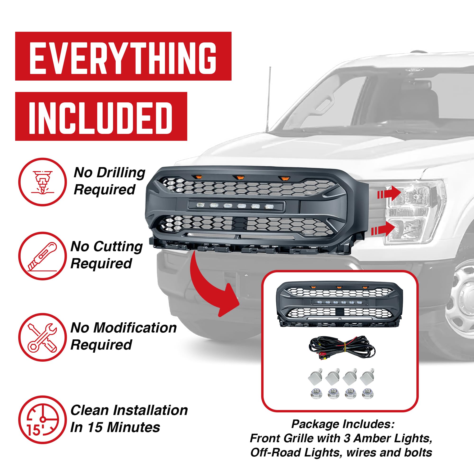 2021-2023 Ford F150 Front Grille Replacement - Matte Black Mesh Grill with Off-Road Lights (No Camera Hole) | Durable Aftermarket Upgrade for Enhanced Style & Off-Road Performance | Perfect for Truck Enthusiasts & Outdoor Adventures