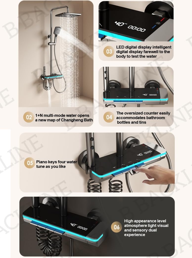 B Backline Brass LED Shower Panel Set with Temperature Display - 4-in-1 Multifunction Shower System with Hand Shower, Overhead Shower & Jet Spray | Hot & Cold Mixer for Modern Bathroom | Gun Grey Finish | Perfect for Spa-Like Experience & Luxury Bathroom Upgrade