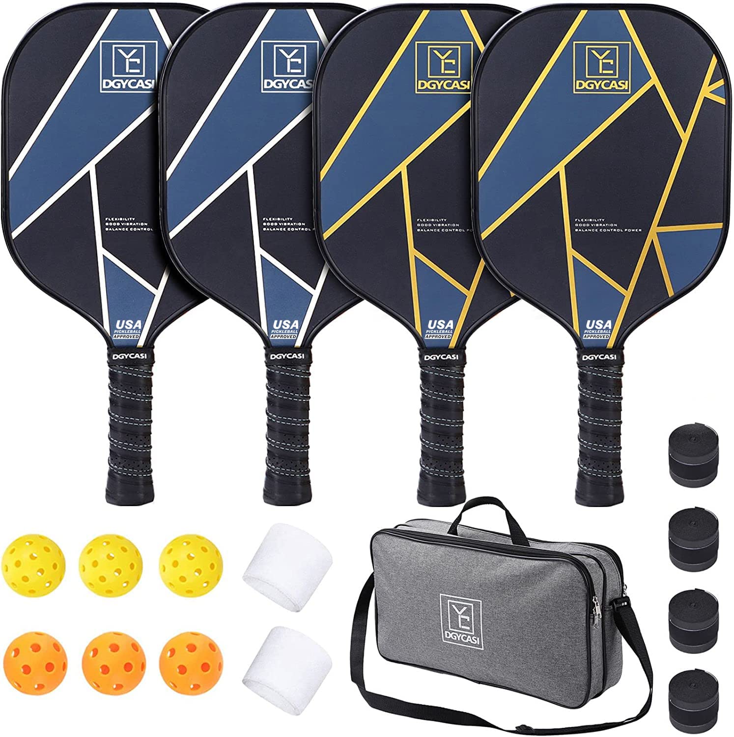 YC DGYCASI Graphite Pickleball Paddles Set of 4 - USAPA Approved 2025 | Carbon Fiber Surface & Lightweight Polypropylene Honeycomb Core | Includes 3 Indoor/Outdoor Balls, 4 Replacement Grips & Carry Bag | Perfect for Recreational Play, Competitive Tournaments & Family Fun