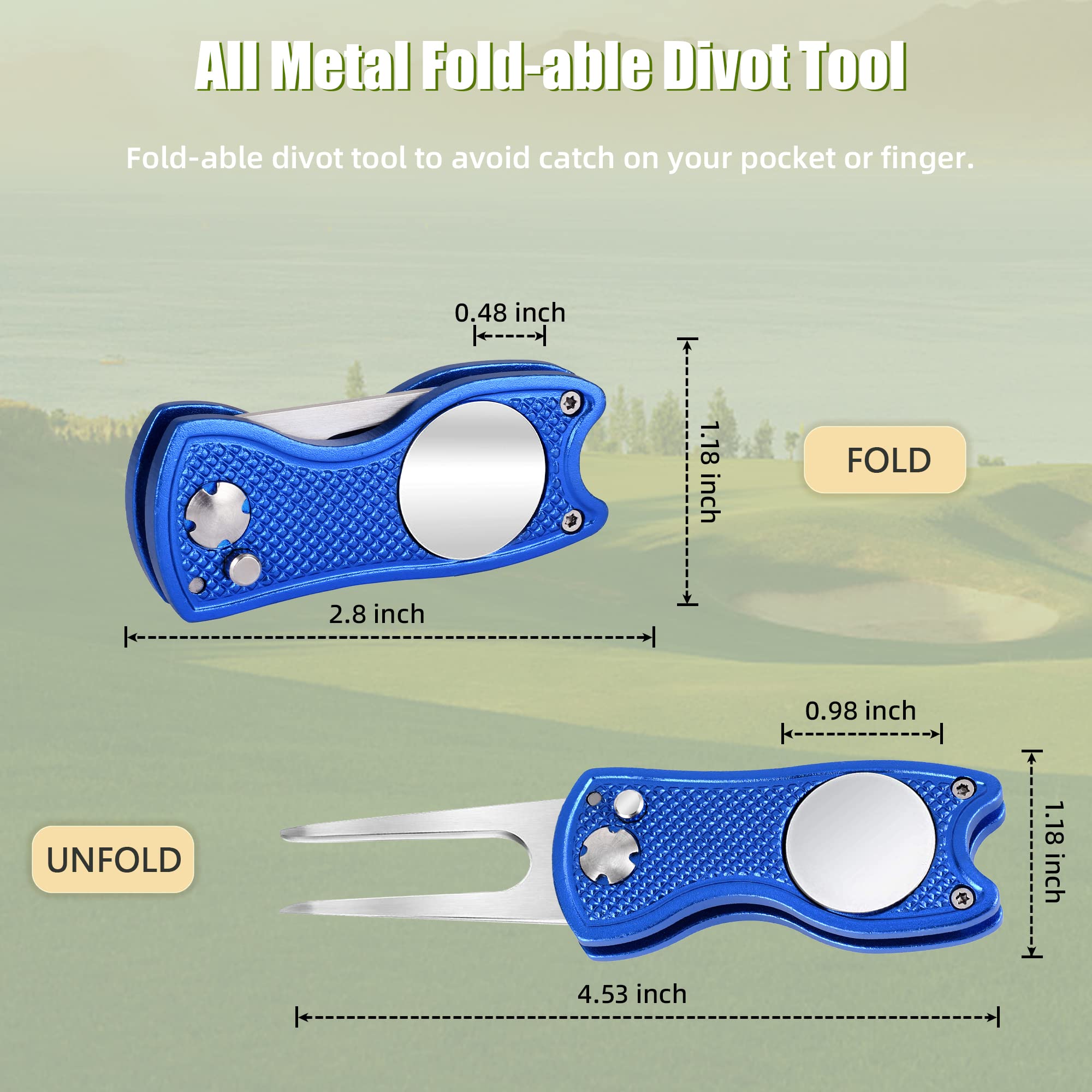 Premium Golf Divot Repair Tool - All Metal Foldable Design with Pop-Up Button & Magnetic Ball Marker (2-6 Pack) | Perfect for Golf Course Greens, Practice Putting & Tournament Play