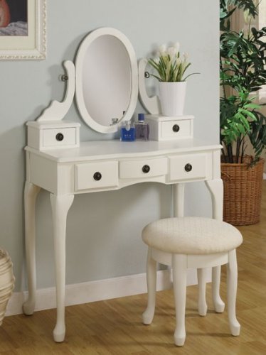 2-Piece Vanity Set with Stool in Off-White Finish - Elegant Dressing Table for Bedroom & Bathroom Makeup Organization