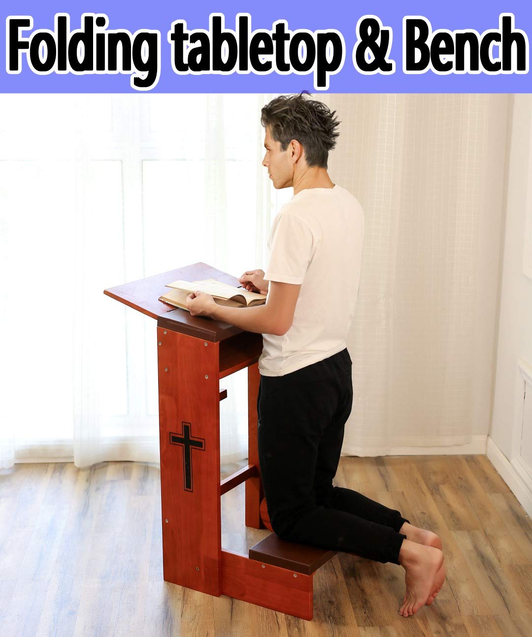 Wooden Folding Prayer Bench with Padded Kneeler - Comfortable Kneeling Stool for Church & Home - Perfect Religious Gift for Worship & Meditation