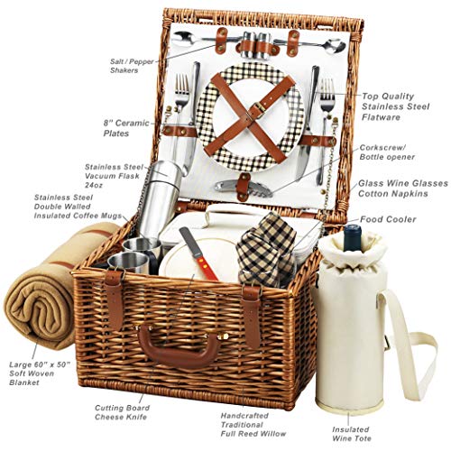 Personalized English-Style Willow Picnic Basket for 2 - Includes Coffee Set & Blanket - Perfect for Romantic Outdoors, Beach Picnics & Garden Parties