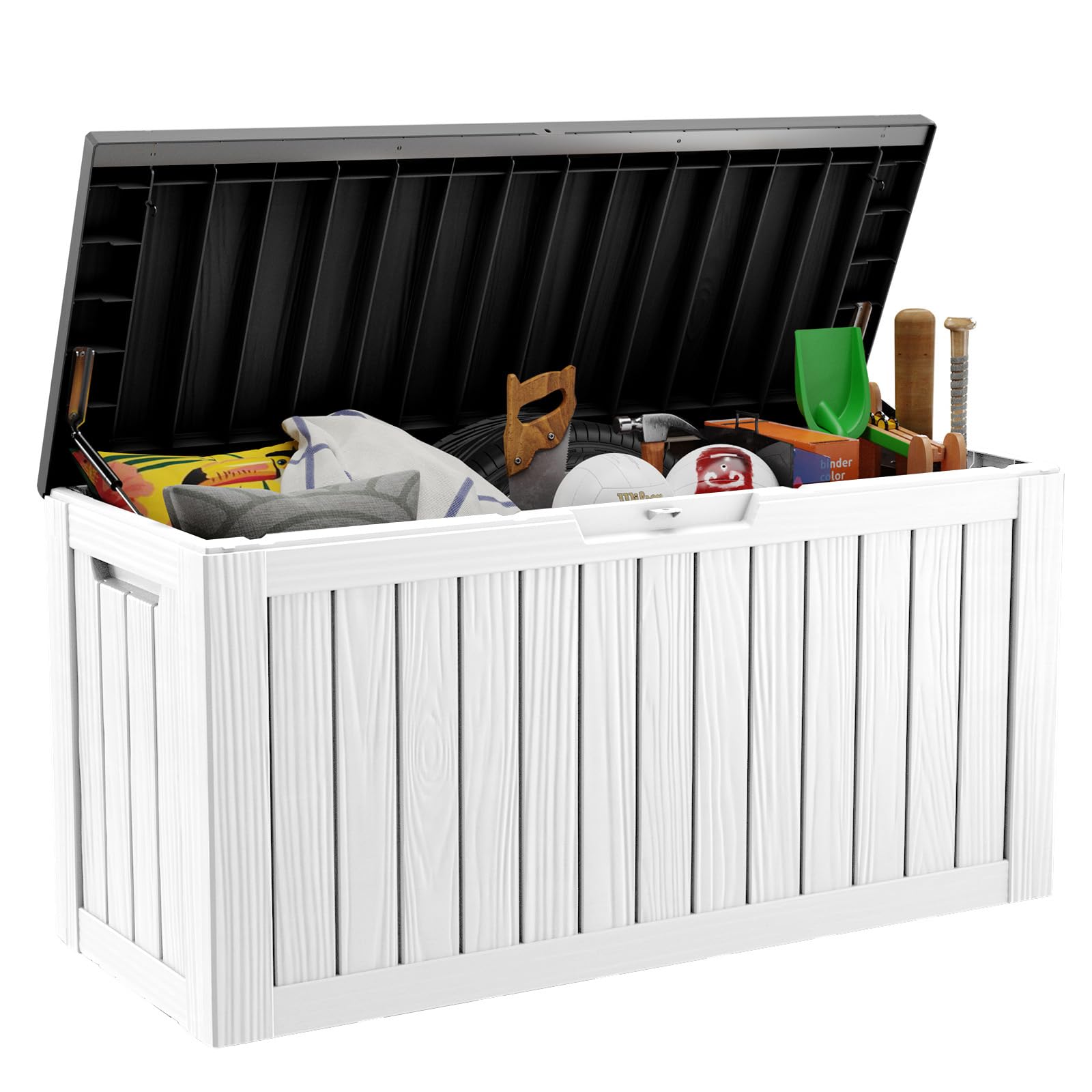 80 Gallon Large Deck Box - Outdoor Waterproof Resin Storage Container for Patio Furniture, Cushions, Gardening Tools & Pool Supplies (480lbs Weight Capacity) | Perfect for Backyard, Garden & Poolside Organization (Black/White)