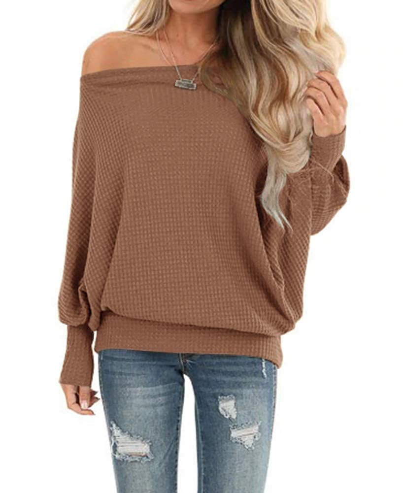 Lacozy Women's Off Shoulder Waffle Knit Oversized Sweatshirt - Long Sleeve Tunic Pullover Sweater for Casual Wear & Layering | Perfect for Fall Outfits, Date Nights and Weekend Comfort