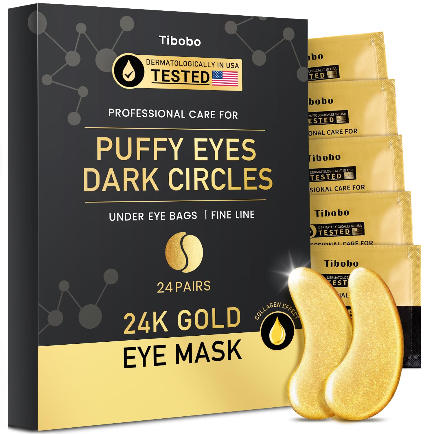 24K Gold Under Eye Patches (24 Pairs) - Collagen Infused Eye Masks for Dark Circles & Puffiness | Anti-Aging Treatment to Smooth Fine Lines & Nourish Skin | Perfect for Night Routine, Travel & Spa Days