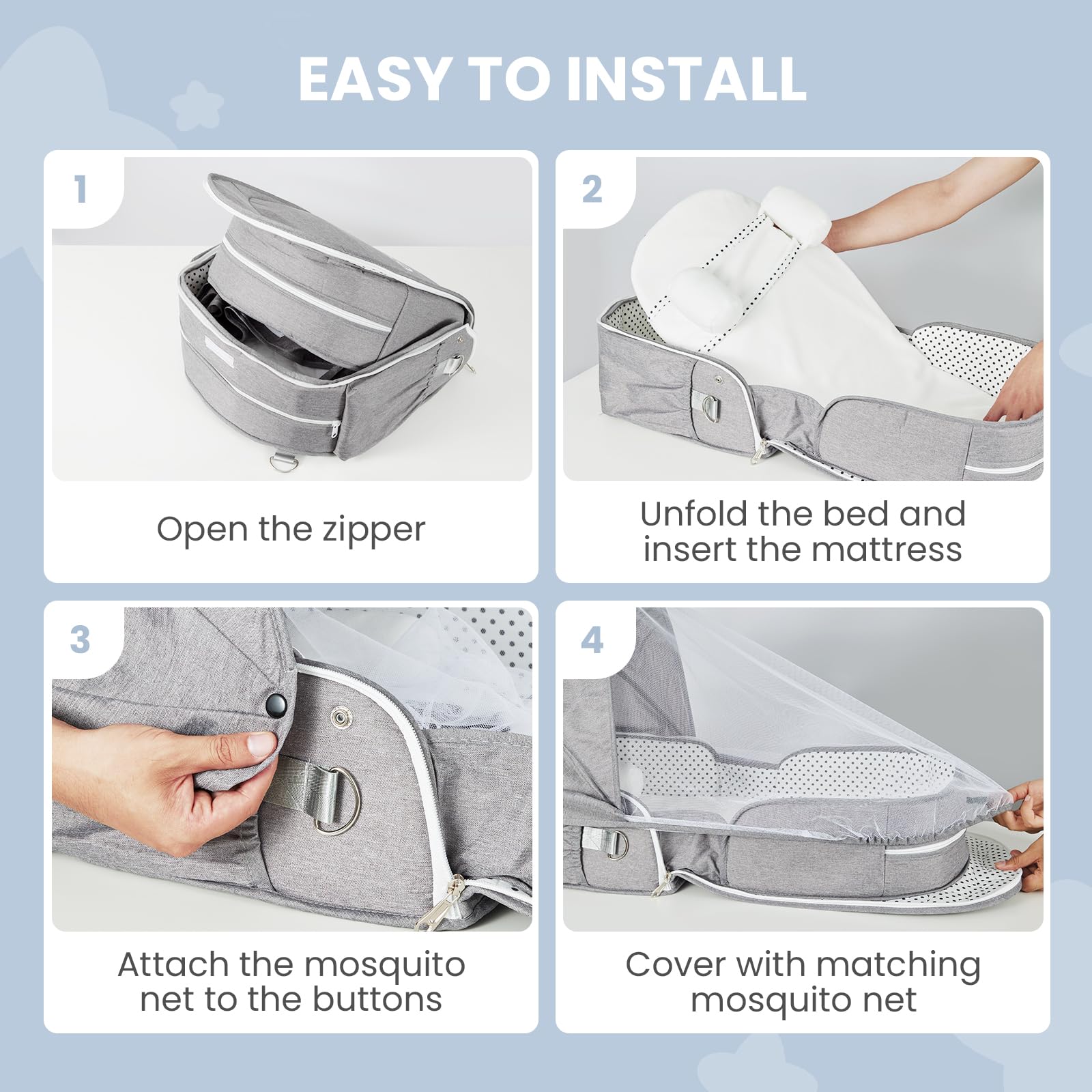 Portable Baby Travel Bassinet with Carry Bag - Anti-Pressure Co-Sleeper Infant Travel Crib, Breathable Mesh & Mosquito Net with Canopy - Perfect for Newborns 2-12 Months | Ideal for Home, Travel, Camping & Outdoor Adventures
