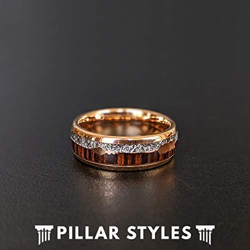 18K Rose Gold Tungsten Meteorite Wedding Ring for Men - 8mm Space Rock Arrow Inlay Wood Band - Unique Anniversary & Engagement Gifts for Him - Perfect for Outdoor Adventures & Romantic Proposals