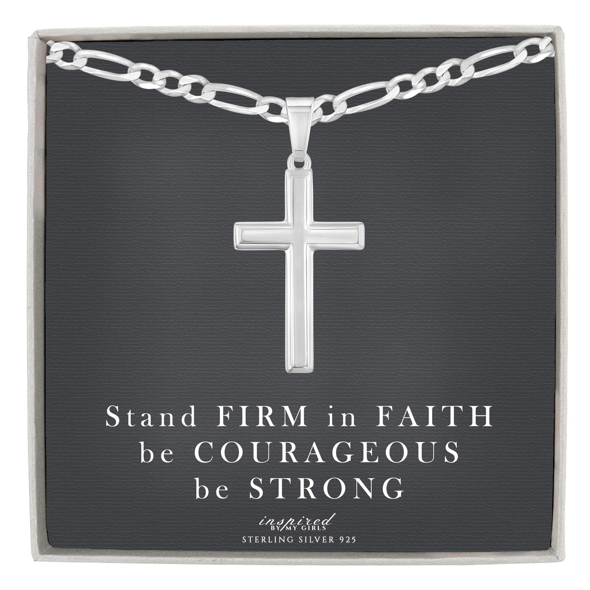 Men's Sterling Silver Cross Pendant Necklace with Figaro Chain - Inspirational Faith Gift for Religious Occasions, Baptism, and Daily Wear