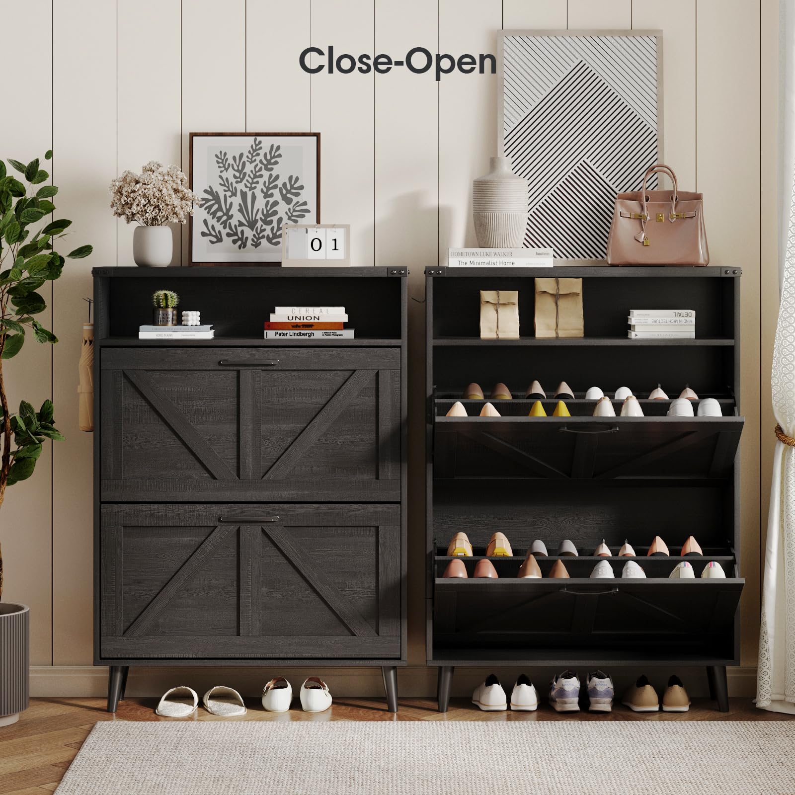 2-Tier Flip-Door Shoe Storage Cabinet - Freestanding Entryway Organizer with Open Shelves & Farmhouse Style Legs - Space-Saving Narrow Shoe Rack for Hallway, Closet or Bedroom (Black)