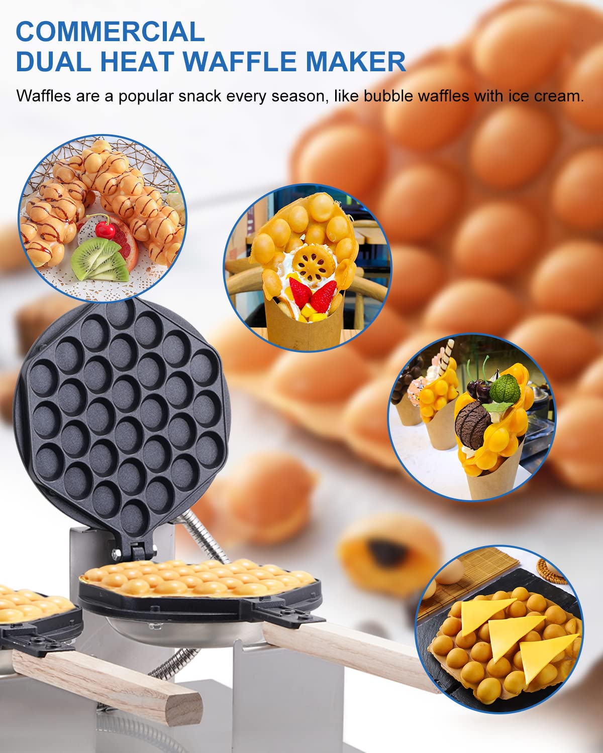 BAOSHISHAN 2800W Commercial Bubble Waffle Maker - Double Grid Electric Waffle Machine with 50-250°C Temperature Control, 180° Rotation & 0-5 Min Timer - Perfect for Cafes, Snack Shops & Home Breakfast (220V)