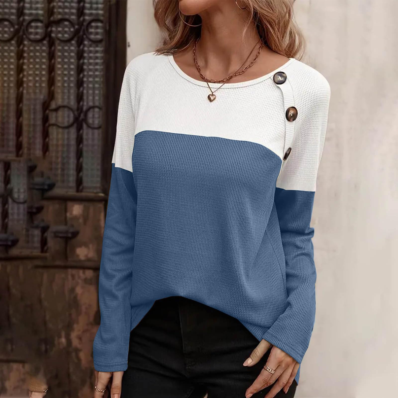 Women's Color Block Waffle Knit Long Sleeve Button-Up Blouse - Fall Fashion Crewneck Loose Pullover Top for Casual Wear, Office & Date Nights