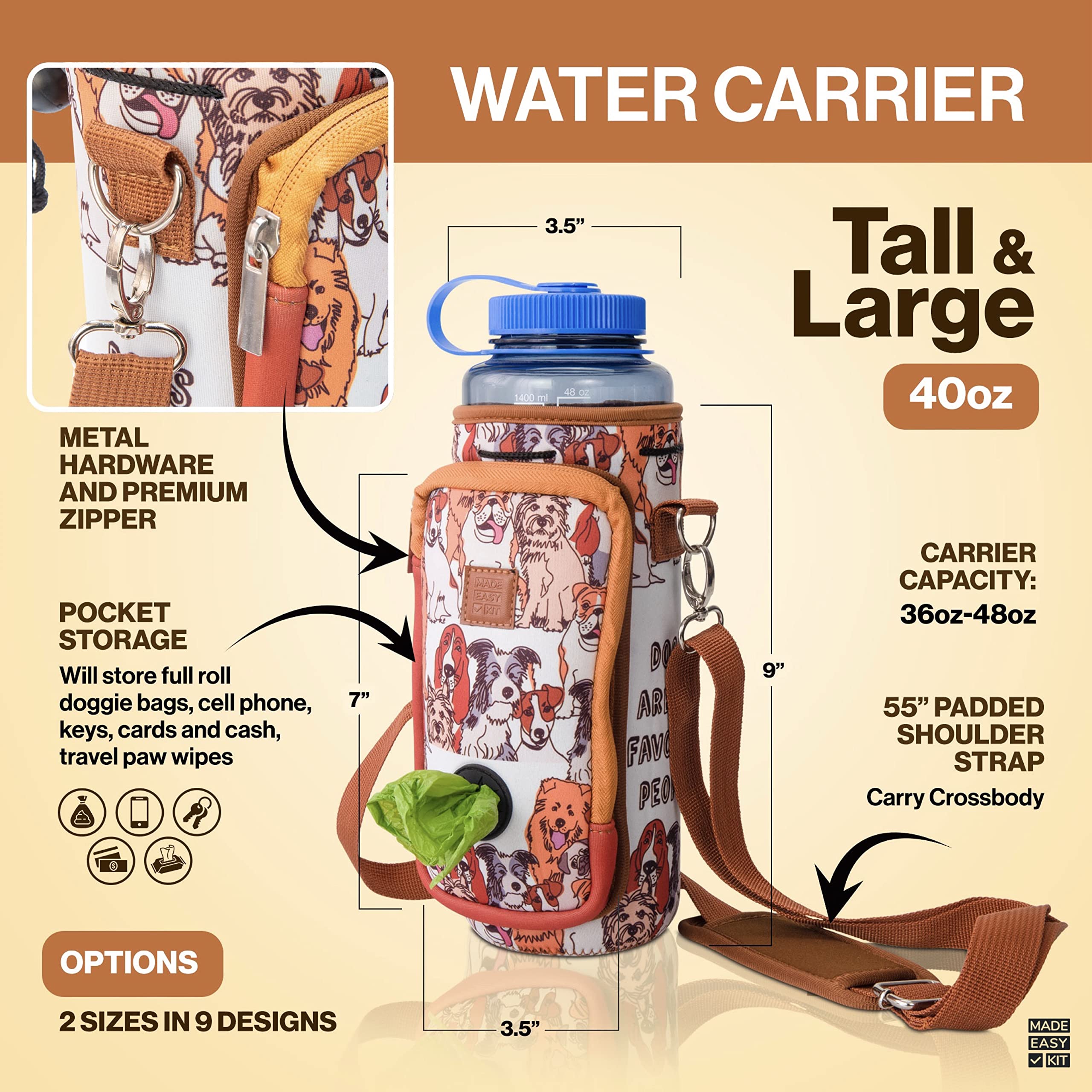 **Premium Adjustable Padded Shoulder Strap Water Bottle Carrier with Pocket for Dog Waste Bags – Tall & Large (40oz) Includes Bowl – Perfect for Hiking, Dog Walks & Outdoor Adventures (Brown, Dog Lover Gift)**
