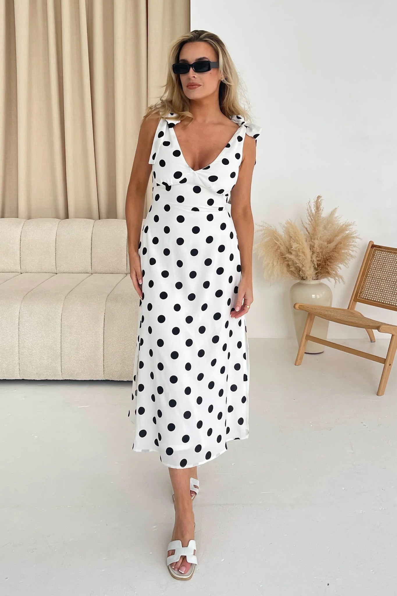 Beverly Tie Shoulder Midi Dress - White & Black Polka Dot Floral Print Summer Dress for Women, Perfect for Beach Vacation, Date Night & Office Wear