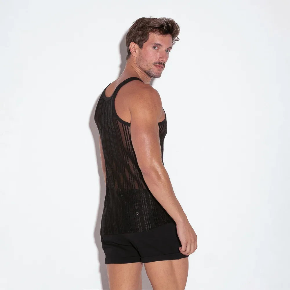 Code 22 Mesh Striped Tank Top 9632 - Black | Breathable Summer Casual Wear for Women, Perfect for Beach, Gym, and Everyday Outfits