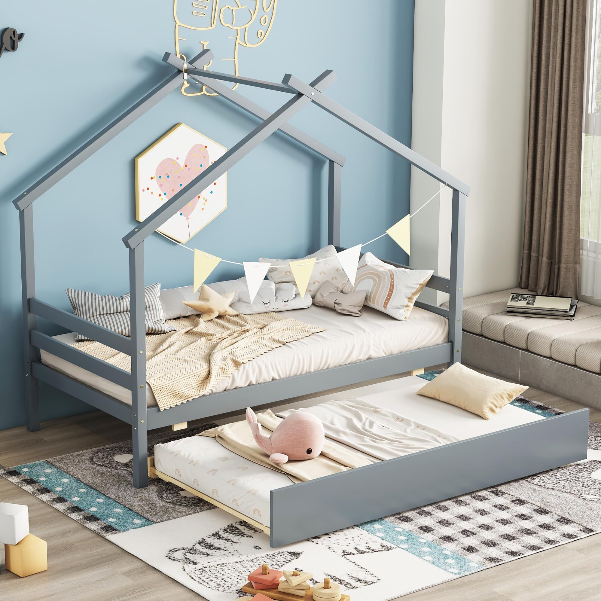 Montessori Twin House Bed with Trundle - Solid Wood Playhouse Bed Frame with Slats Support for Kids, Teens, Boys & Girls - Gray - Perfect for Bedrooms, Playrooms & Montessori Learning Spaces