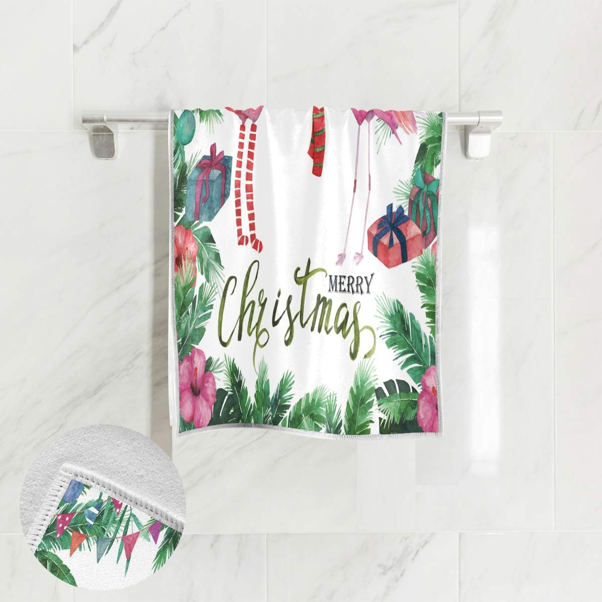 ALAZA Christmas Flamingo Tropical Palm Tree Hand Towel - 15x30 Inch Absorbent Cotton Yoga Gym & Spa Towels - Multipurpose for Bathroom, Kitchen, Hotel & Home Decor - Perfect for Holiday Gifts, Beach Parties & Tropical Themed Events