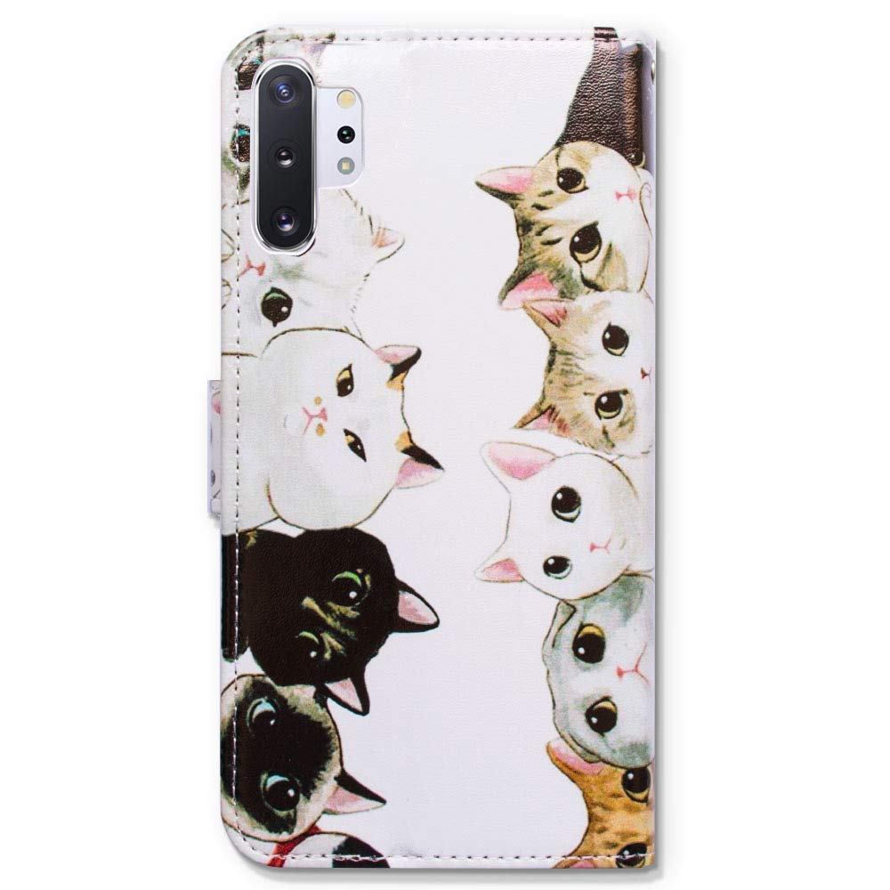 Premium Cute Cats Leather Flip Wallet Case for Samsung Galaxy Note 10 Plus/Note 10+ - White & Black Design with Card Slots & Kickstand | Perfect for Work, Travel & Everyday Protection