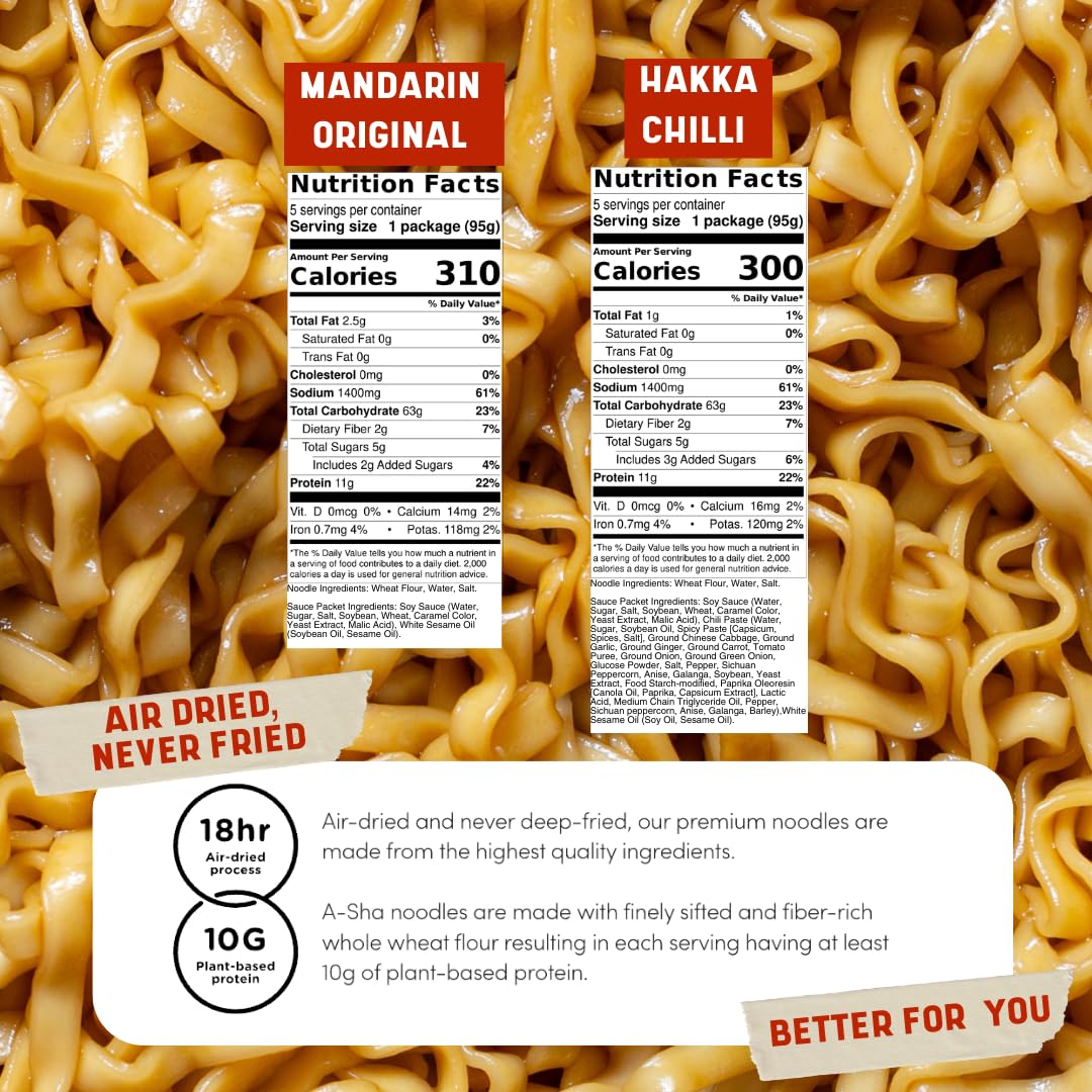 A-Sha Healthy Asian Instant Noodles with Sauce Pack - Vegan, Air-Dried, High Protein Noodle Variety Bundle (2 Flavors, 20 Packs) | Perfect for Ramen, Stir Fry & Wok Cooking | Quick Meals, Office Lunches & College Dorm Snacks