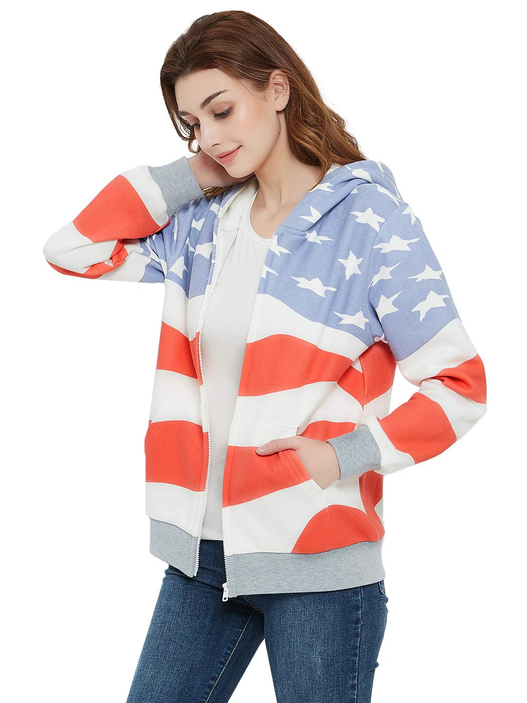 Anna-Kaci Women's Patriotic USA Flag Zip-Up Ribbed Hoodie Jacket - Cozy & Stylish for 4th of July, BBQ Parties & Casual Outings