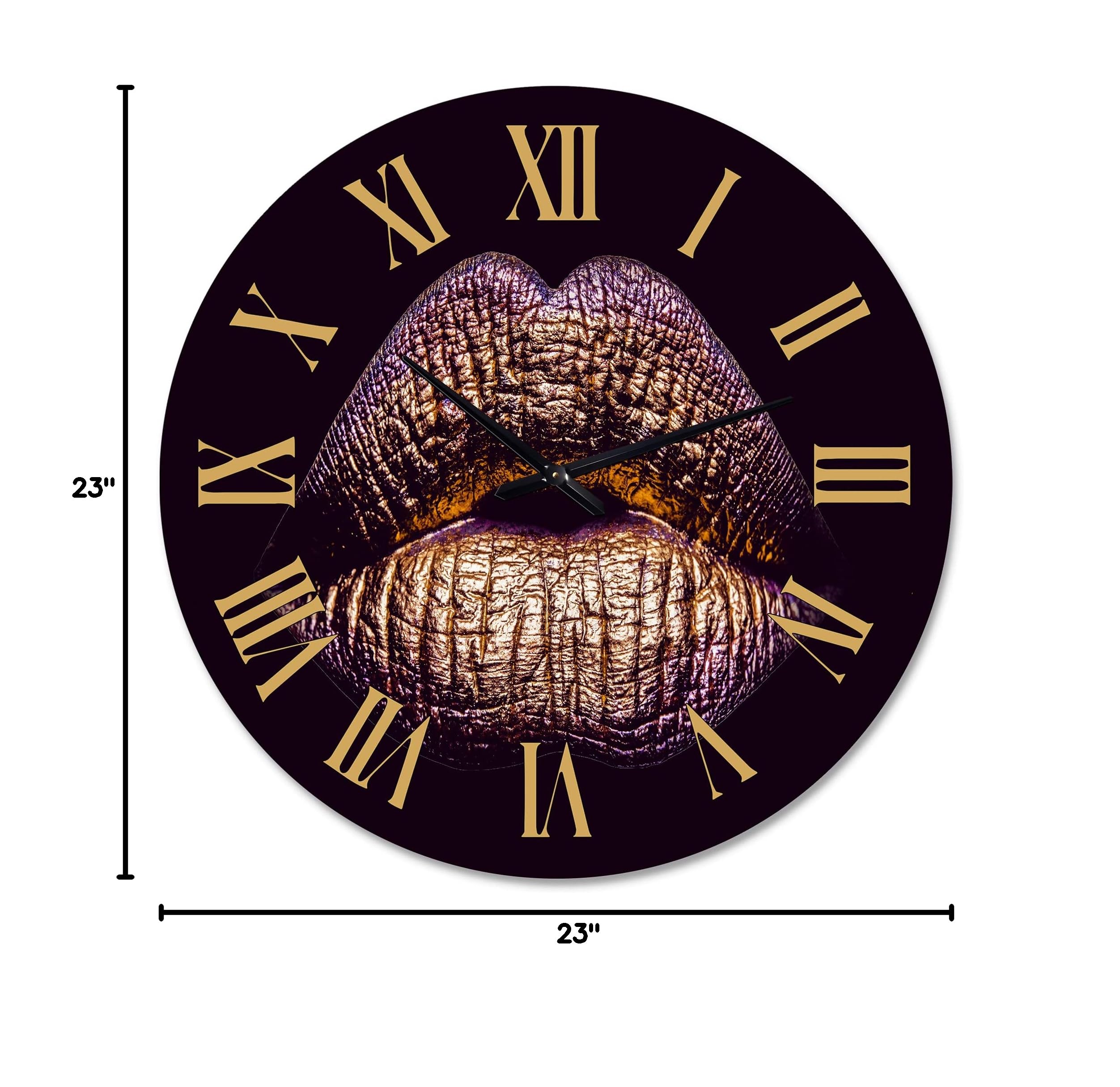 DesignQ Modern Wall Clock - Sexy Golden Metallized Female Lips III - Large Decorative Clock for Kitchen, Living Room, Bedroom & Office Decor