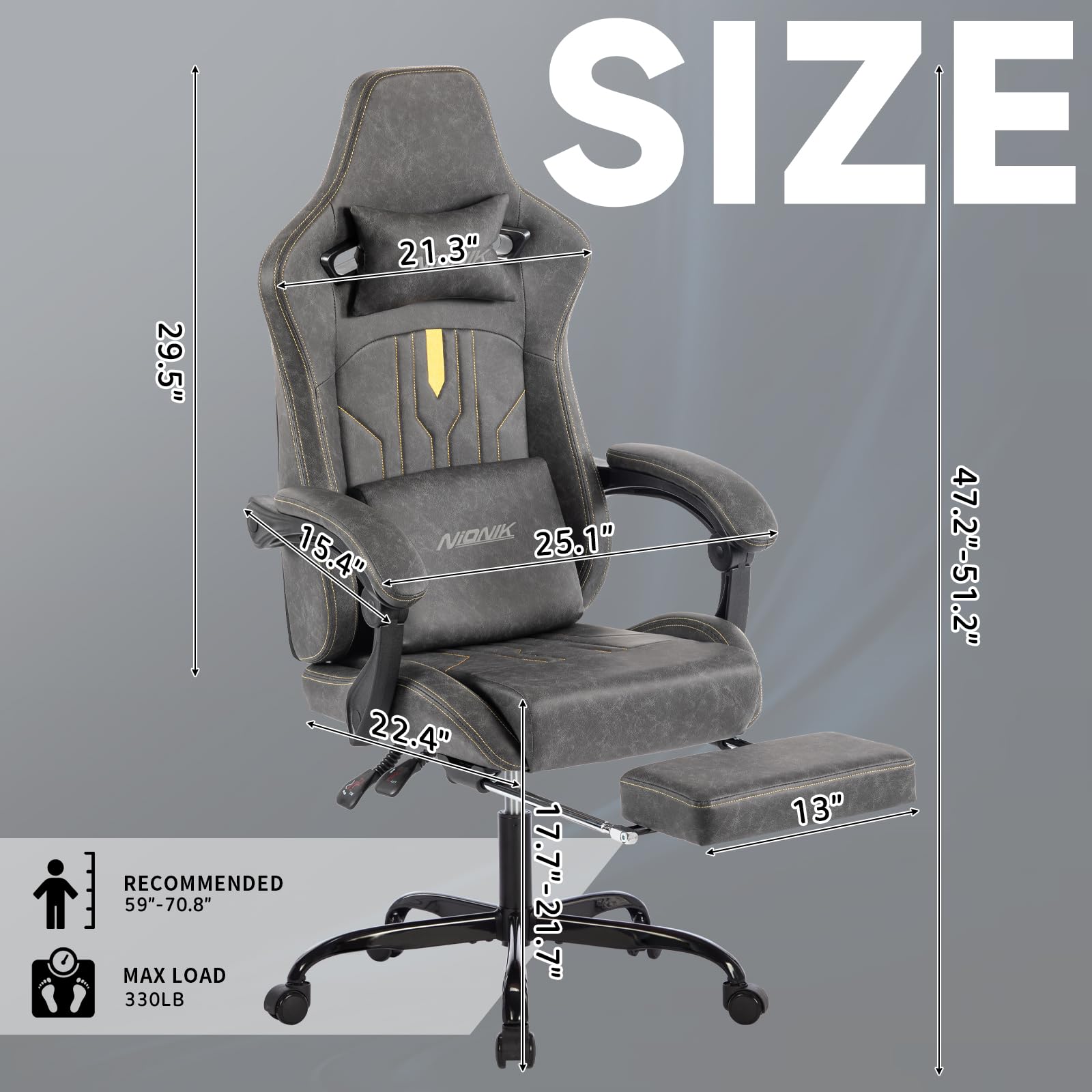 Premium Gaming Chair with Massage Lumbar Support & Footrest - Ergonomic Computer Chair with Adjustable Height & Linkage Armrests - PU Leather Racing Style Video Game Chair for Adults (Grey) - Perfect for Esports, Streaming & Home Office Setup