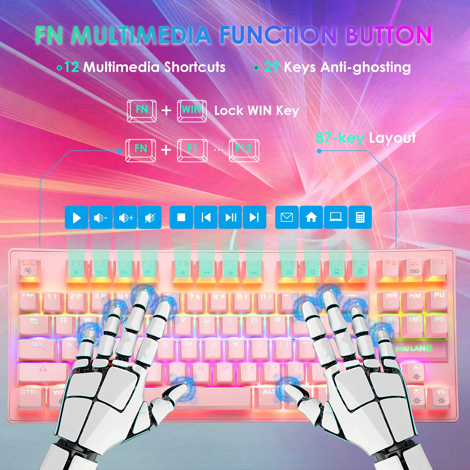 Pink Mechanical Gaming Keyboard with Blue Switches - 87 Keys Wired RGB Backlit, Lightweight Design for PC Gamers & Typists | Includes Gaming Mouse & Mouse Pad | Perfect for Esports, Office Work & Streaming Setup