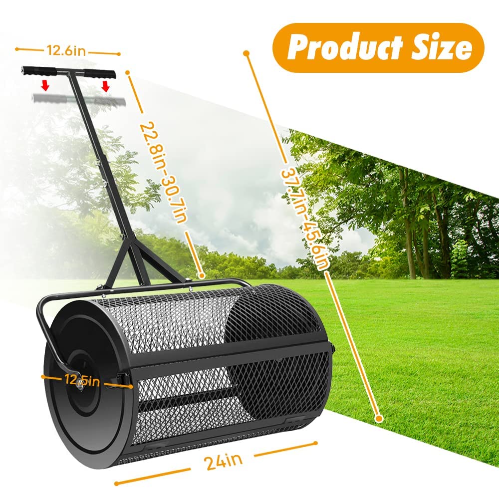 24 Inch Peat Moss Spreader, Durable Metal Mesh Basket Compost Spreader with Adjustable Long Handle, Lightweight for Top Dressing Compost, Dirt, Mulch - Perfect for Gardening, Lawn Care, and Landscaping