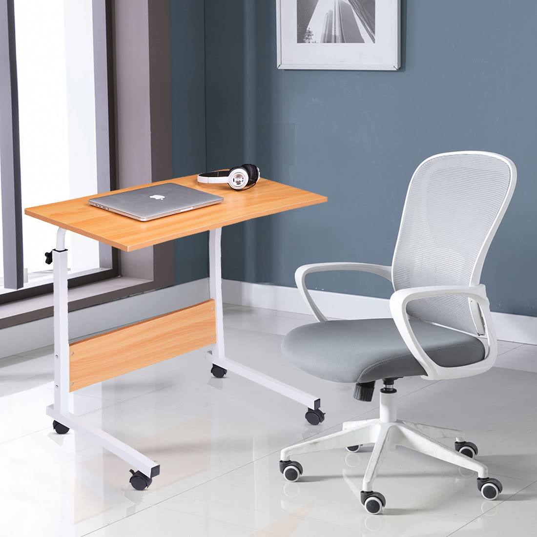Adjustable Height Rolling Laptop Desk Cart with Wheels - Mobile Computer Stand for Home Office, Bed, Couch & Sofa - Portable Tray Table for Work, Study & Relaxation (Oak-L)