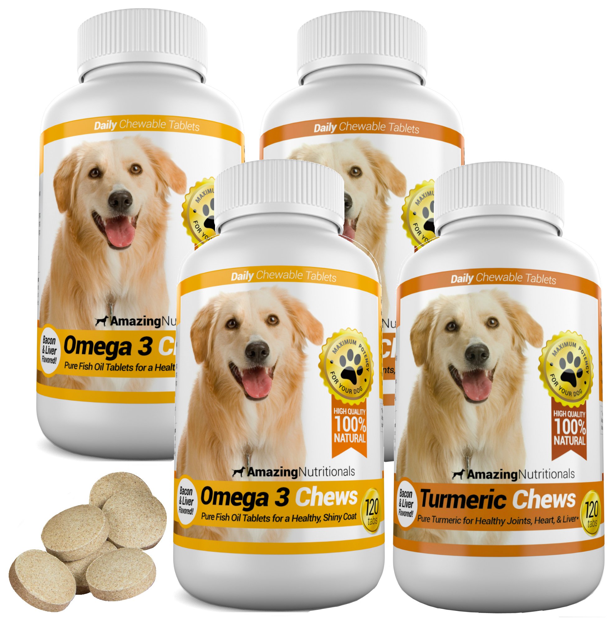 Premium Omega-3 Fish Oil & Turmeric Curcumin Supplement for Dogs - All-Natural Antioxidant Chews for Healthy Skin, Shiny Coat & Joint Support - 120 Tasty Soft Chews (2-Pack) - Ideal for Senior Dogs & Pets with Digestive Issues