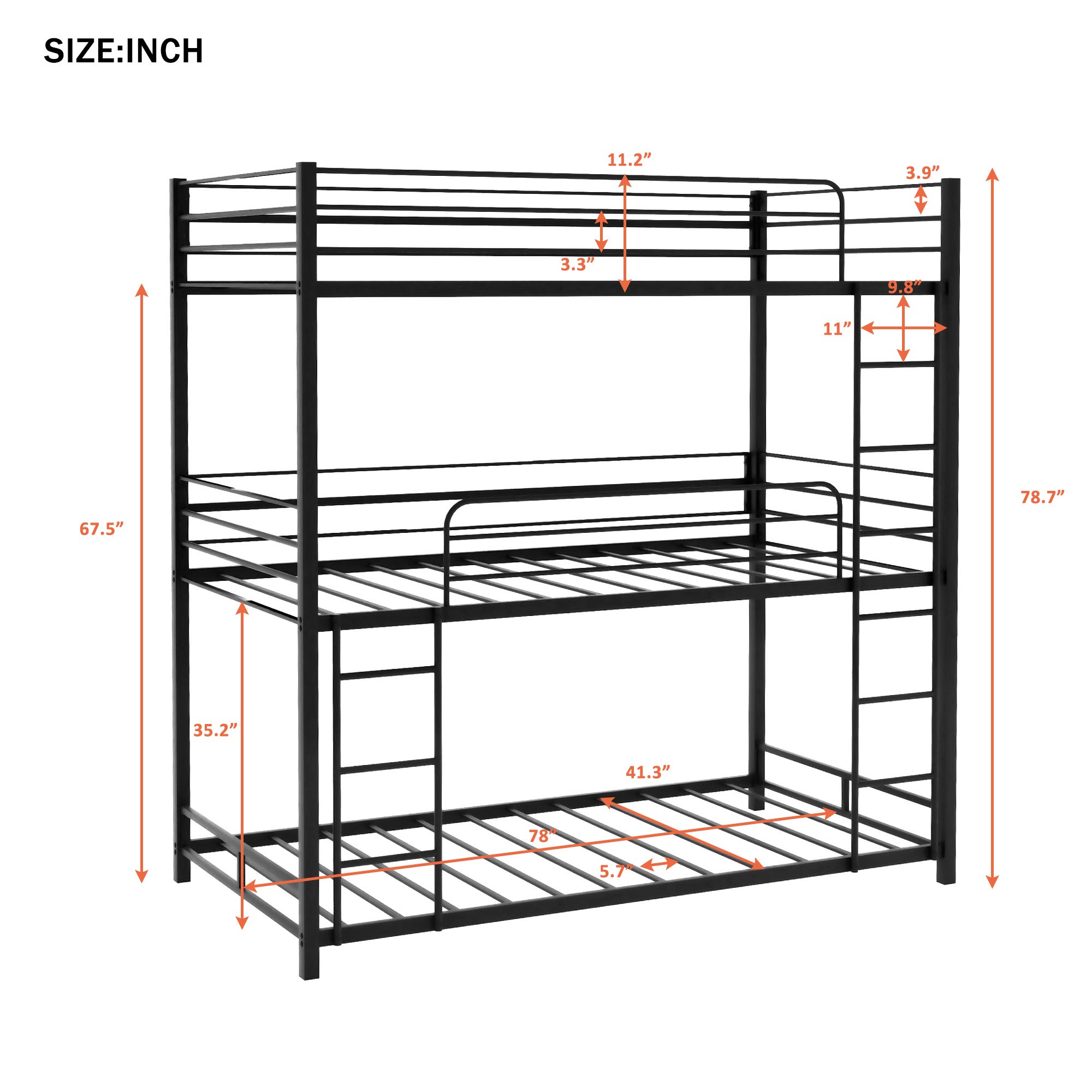 Metal Triple Bunk Beds - Twin Over Twin Over Twin Bunk Bed Frame with Safety Guardrails & Built-in Ladder for Kids & Teens (Black) - Space-Saving Solution for Kids' Bedrooms, Dormitories & Vacation Homes